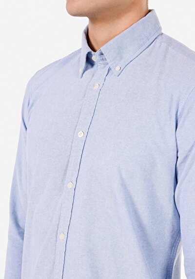 Image de Chemise À Manches Longues Bleu Slim Fit Droit Sergé Homme