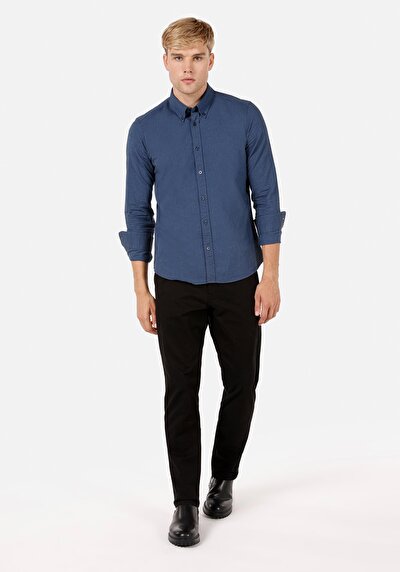 Image de Chemise À Manches Longues Marine Slim Fit Droit Sergé Homme