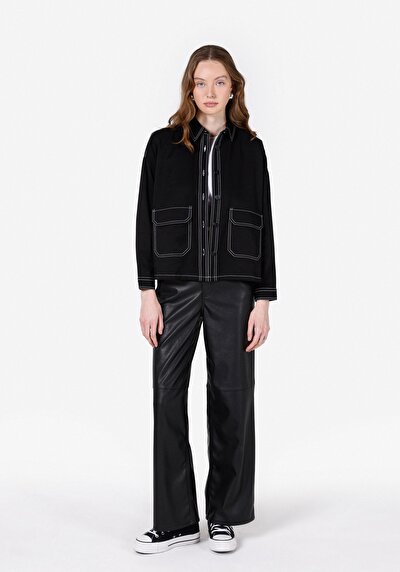 Image de Chemise À Manches Longues Noir Relaxed Fit Droit Uni Femme