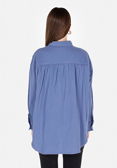 Image de Chemise À Manches Longues Bleu Relax Fit Droit Mousseline Femme