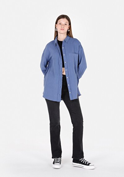 Image de Chemise À Manches Longues Bleu Relax Fit Droit Mousseline Femme