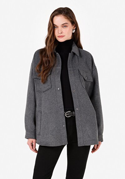 Image de Chemise À Manches Longues Anthracite Relaxed Fit Plaid Flanelle Femme