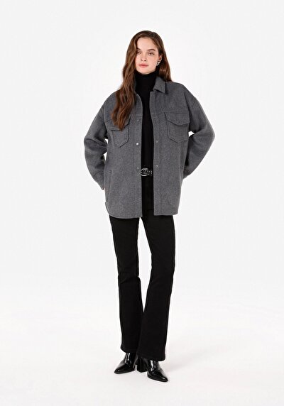 Image de Chemise À Manches Longues Anthracite Relaxed Fit Plaid Flanelle Femme