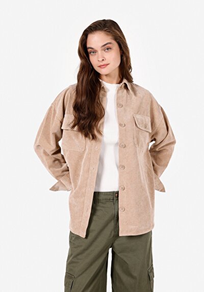 Afficher les détails de Chemise À Manches Longues Beige Relaxed Fit Droit Velours Femme