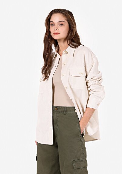 Image de Chemise À Manches Longues Ecru Relaxed Fit Droit Velours Femme