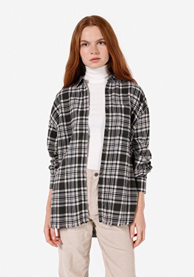 Image de Chemise À Manches Longues Anthracite Relaxed Fit Plaid Flanelle Femme