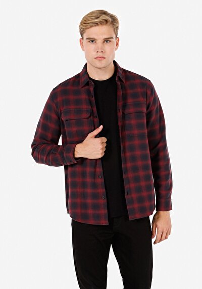Image de Chemise À Manches Longues Bordeaux Regular Fit Plaid Sergé Homme
