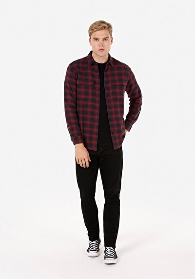 Image de Chemise À Manches Longues Bordeaux Regular Fit Plaid Sergé Homme