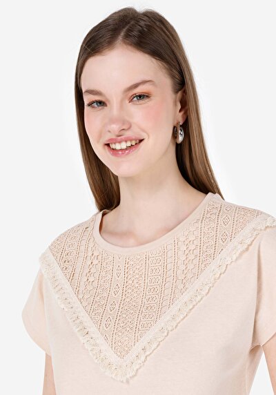 Image de T-shirt À Manches Courtes Beige Regular Fit Brodé Femme