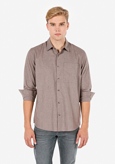 Image de Chemise À Manches Longues Marron Regular Fit Droit Sergé Homme