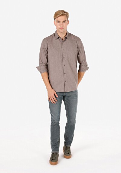Image de Chemise À Manches Longues Marron Regular Fit Droit Sergé Homme
