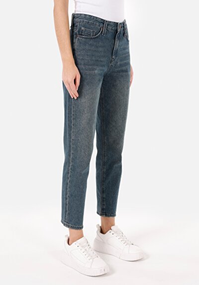 Image de 896  Maria Pantalon Bleu Tapered Leg  En  Mom Fit Femme