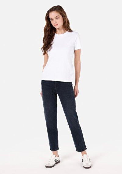 Image de 896 Maria Pantalon Bleu Foncé Tapered Leg En Mom Fit Femme