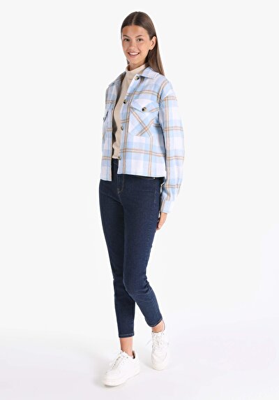Image de Chemise À Manches Longues Bleu Regular Fit Plaid Sergé Femme