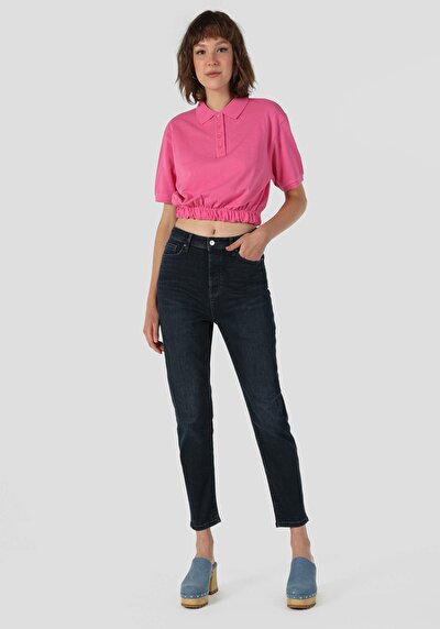 Image de 896 Maria Pantalon Bleu Foncé Tapered Leg En Mom Fit Femme