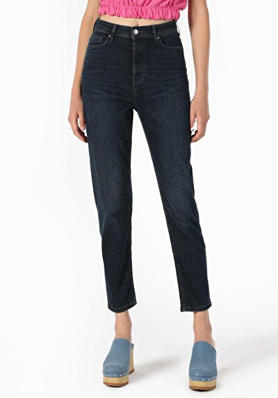 Image de 896 Maria Pantalon Bleu Foncé Tapered Leg En Mom Fit Femme