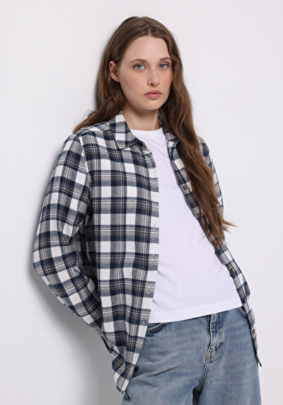 Image de Chemise À Manches Longues Bleu Regular Fit Plaid Sergé Femme