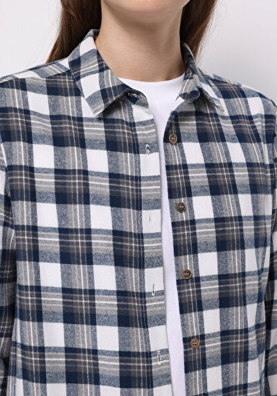 Image de Chemise À Manches Longues Bleu Regular Fit Plaid Sergé Femme