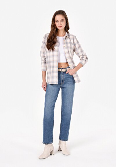 Image de Chemise À Manches Longues Ecru Regular Fit Plaid Sergé Femme