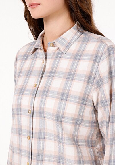 Image de Chemise À Manches Longues Ecru Regular Fit Plaid Sergé Femme
