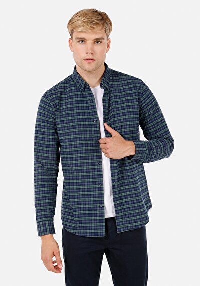 Afficher les détails de Chemise À Manches Longues Vert Regular Fit Plaid Sergé Homme