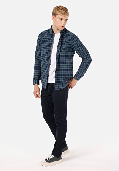 Image de Chemise À Manches Longues Vert Regular Fit Plaid Sergé Homme