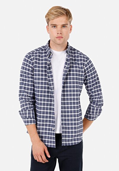 Image de Chemise À Manches Longues Marine Regular Fit Plaid Sergé Homme