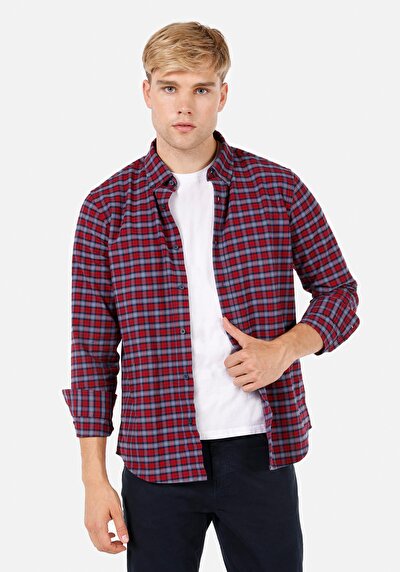 Image de Chemise À Manches Longues Rouge Regular Fit Plaid Sergé Homme