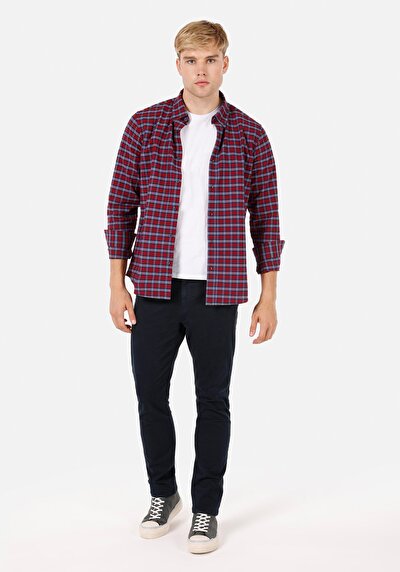Image de Chemise À Manches Longues Rouge Regular Fit Plaid Sergé Homme