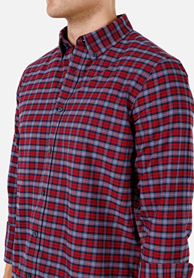 Image de Chemise À Manches Longues Rouge Regular Fit Plaid Sergé Homme