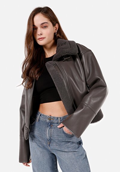 Image de Veste Pu Anthracite Manches Longues Regular Fit Femme