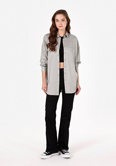 Image de Chemise À Manches Longues Vert Regular Fit Droit Sergé Femme