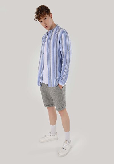 Image de Chemise À Manches Longues Marine Regular Fit Rayé Lin Homme