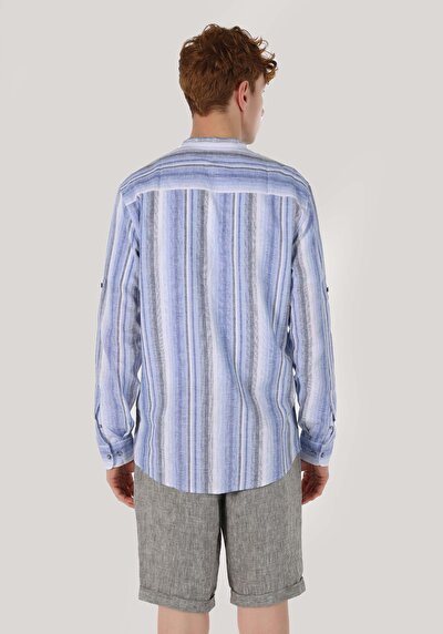 Image de Chemise À Manches Longues Marine Regular Fit Rayé Lin Homme