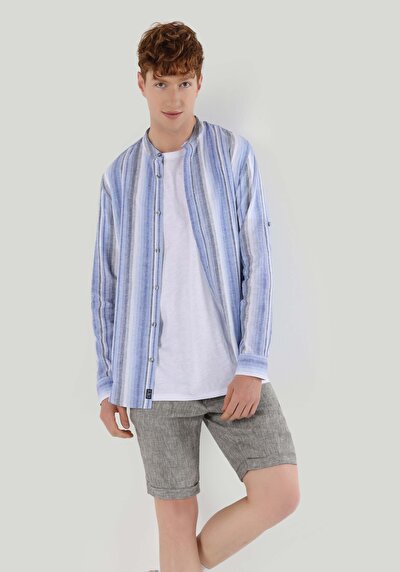Image de Chemise À Manches Longues Marine Regular Fit Rayé Lin Homme