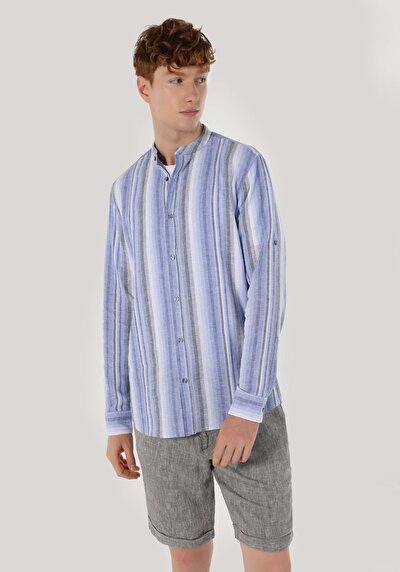 Image de Chemise À Manches Longues Marine Regular Fit Rayé Lin Homme