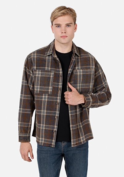 Image de Chemise À Manches Longues Marron Comfort Fit Plaid Flanelle Homme