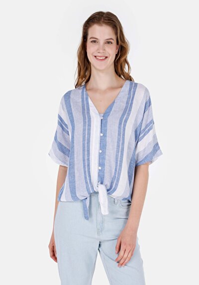 Image de Chemise À Manches Courtes Bleu Rayé Regular Fit Femme