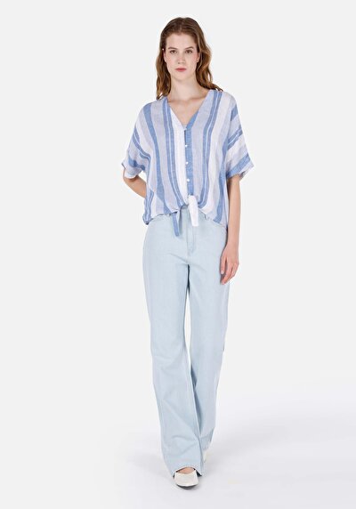Image de Chemise À Manches Courtes Bleu Rayé Regular Fit Femme