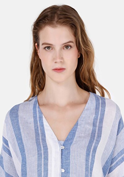 Image de Chemise À Manches Courtes Bleu Rayé Regular Fit Femme