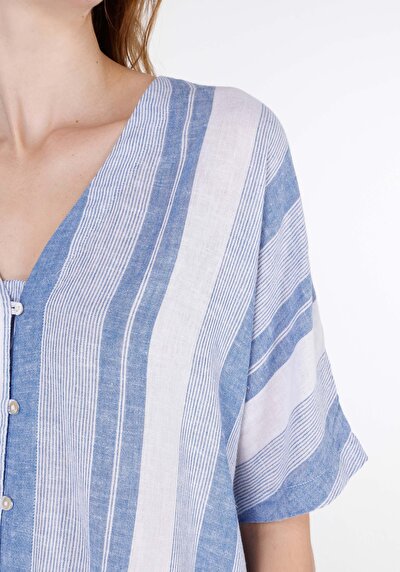 Image de Chemise À Manches Courtes Bleu Rayé Regular Fit Femme