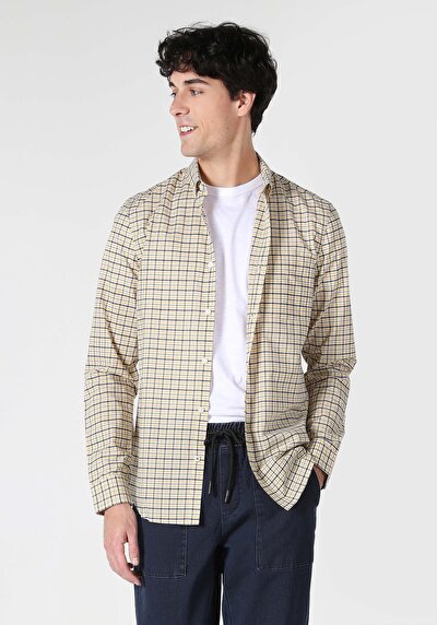 Image de Chemise À Manches Longues Jaune Slim Fit Plaid Oxford Homme