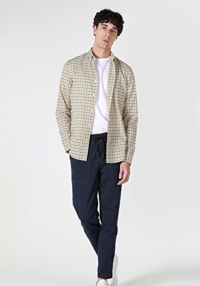 Image de Chemise À Manches Longues Jaune Slim Fit Plaid Oxford Homme