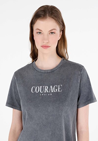 Image de T-shirt À Manches Courtes Anthracite Regular Fit Imprimé Femme