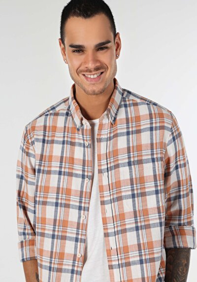 Image de Chemise À Manches Longues Orange Regular Fit Plaid Popeline Homme