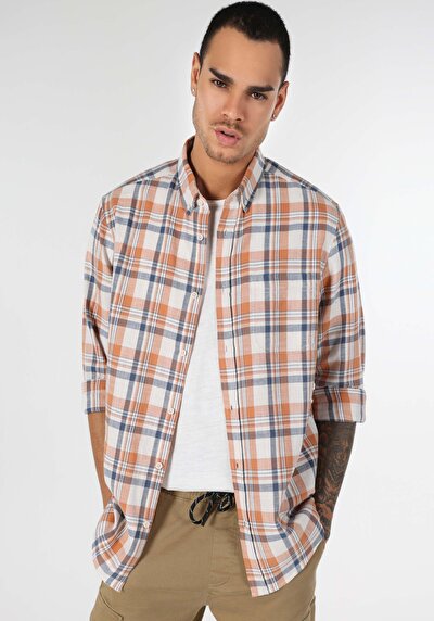 Image de Chemise À Manches Longues Orange Regular Fit Plaid Popeline Homme