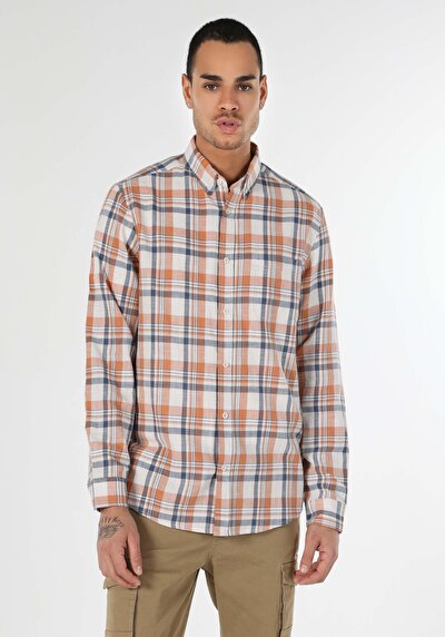 Image de Chemise À Manches Longues Orange Regular Fit Plaid Popeline Homme