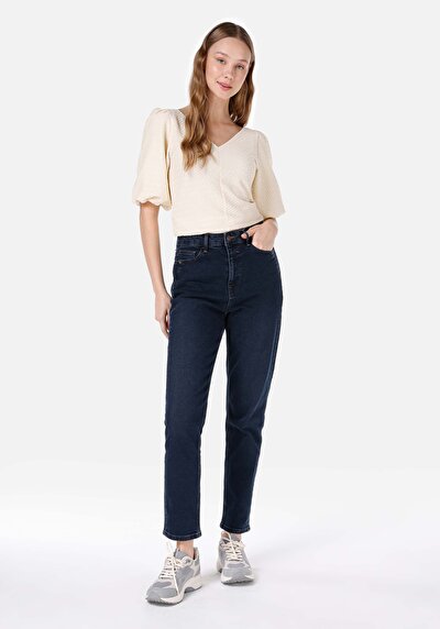 Image de 896 Maria Pantalon Bleu Foncé Tapered Leg En Mom Fit Femme