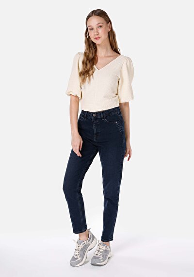 Image de 896 Maria Pantalon Bleu Foncé Tapered Leg En Mom Fit Femme
