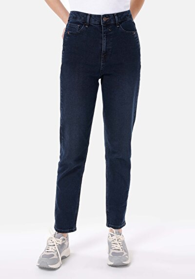 Image de 896 Maria Pantalon Bleu Foncé Tapered Leg En Mom Fit Femme